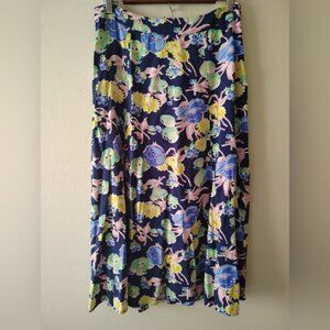 Talbots Navy Blue Spring Pastel Large Floral Flowy A Line Midi Skirt 8 NWT